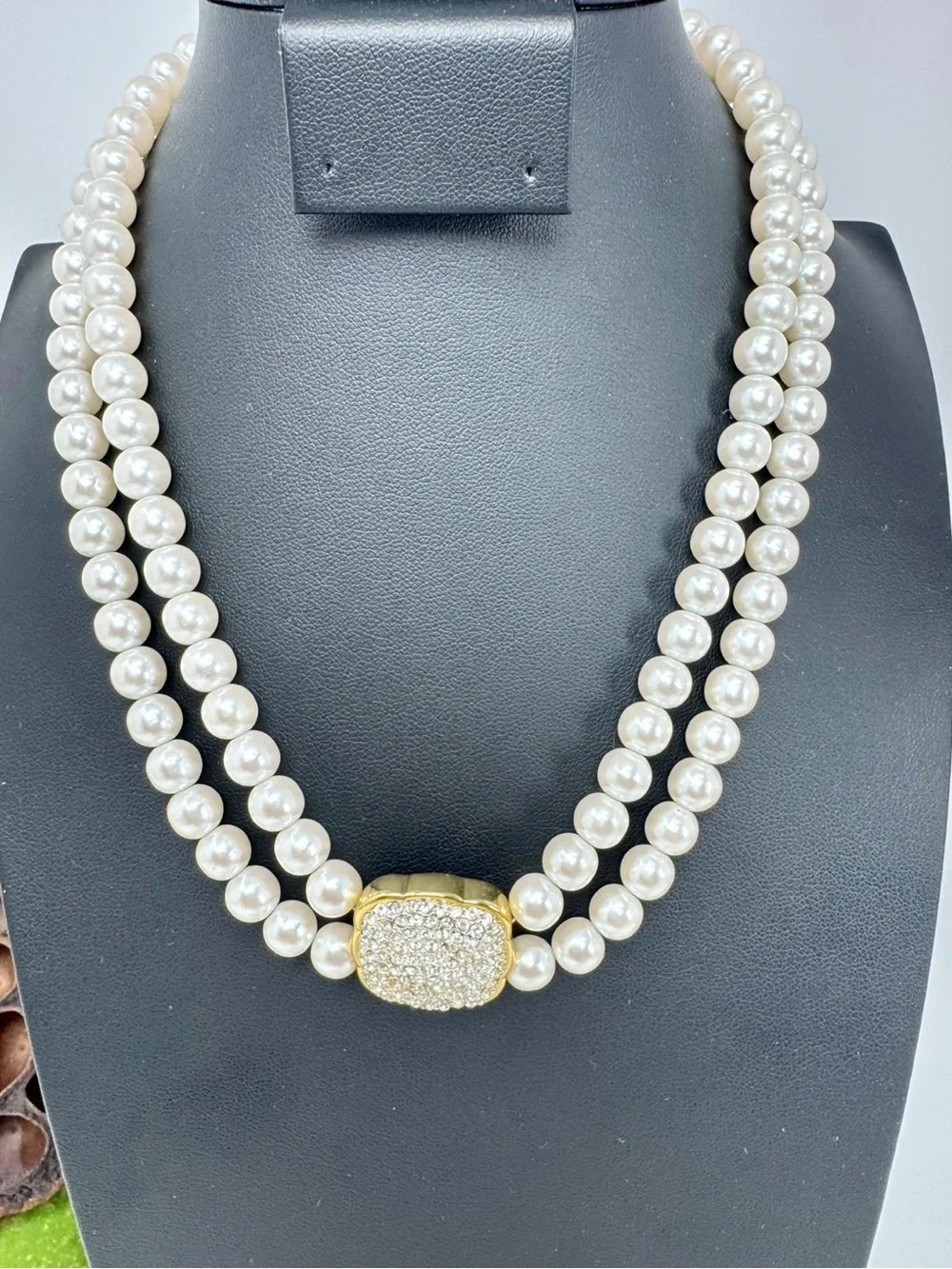 Napier Double Strand Faux Pearl & Pave Crystal Pendant Necklace